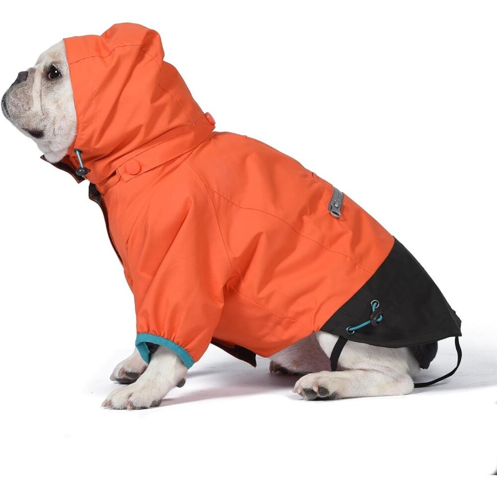 Waterproof Dog Raincoat With Hood & Back Pocket Orange & Black Reflective XLarge